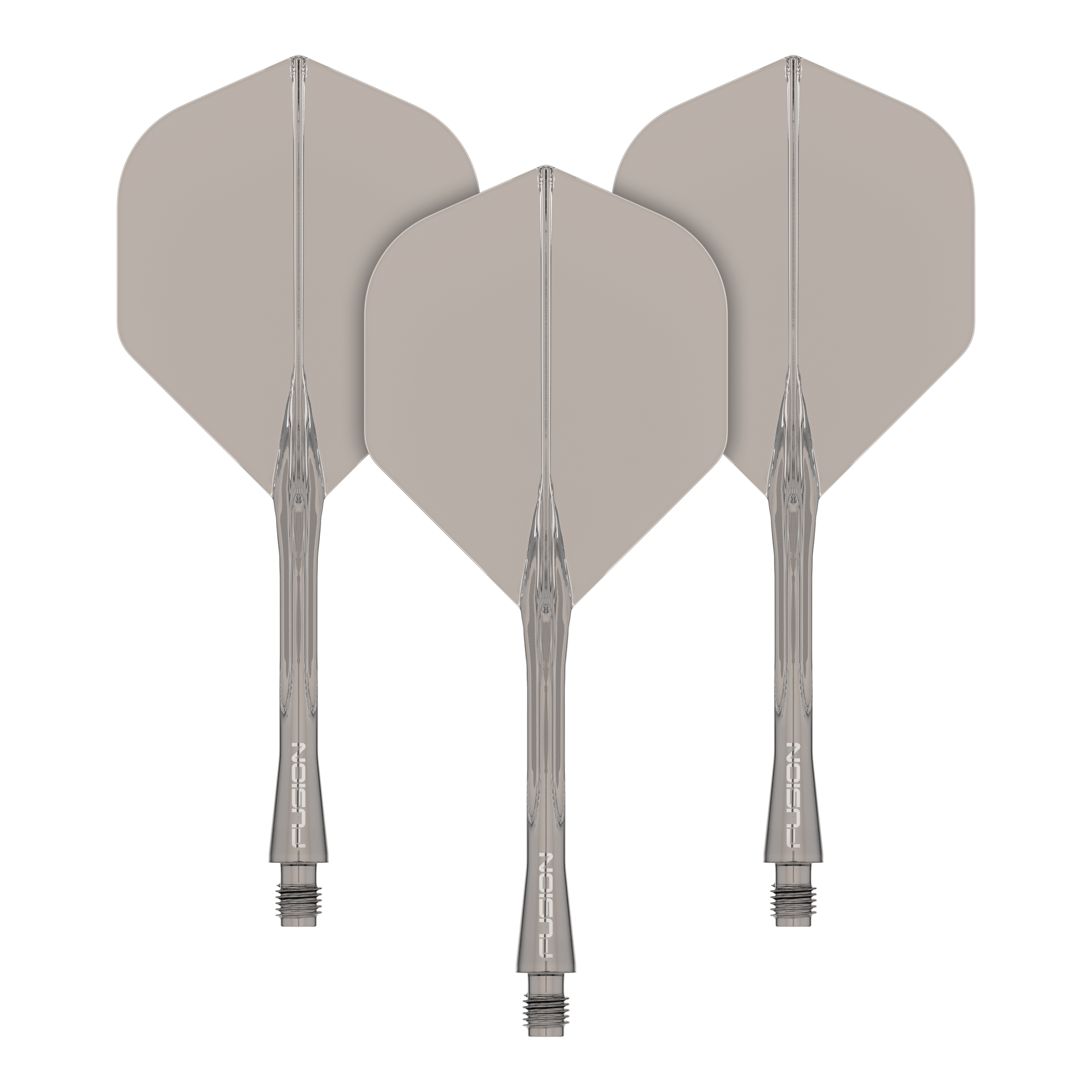 Winmau Fusion Flight Shaft System Standard Smokey Das Bild zeigt drei durchsichtige Dartschäfte mit beigefarbenen Flights. Die Schäfte sind jeweils mit dem Wort "Fusion" beschriftet.