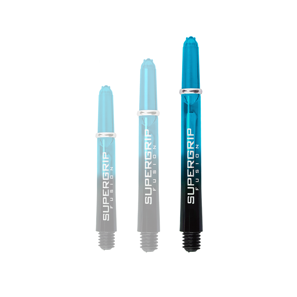 Das Bild zeigt drei Harrows Supergrip Fusion Shafts in der Farbe Aqua. Die Dartschäfte sind teilweise schwarz und teilweise durchsichtig blau gefärbt.