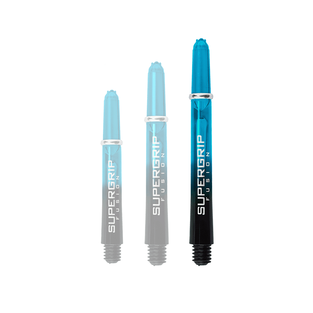 HR347_Harrows_Supergrip_Fusion_Shafts_Aqua_47mm_1apaGBNwKSfWQq Das Bild zeigt drei Harrows Supergrip Fusion Shafts in der Farbe Aqua. Die Dartschäfte sind teilweise schwarz und teilweise durchsichtig blau gefärbt.