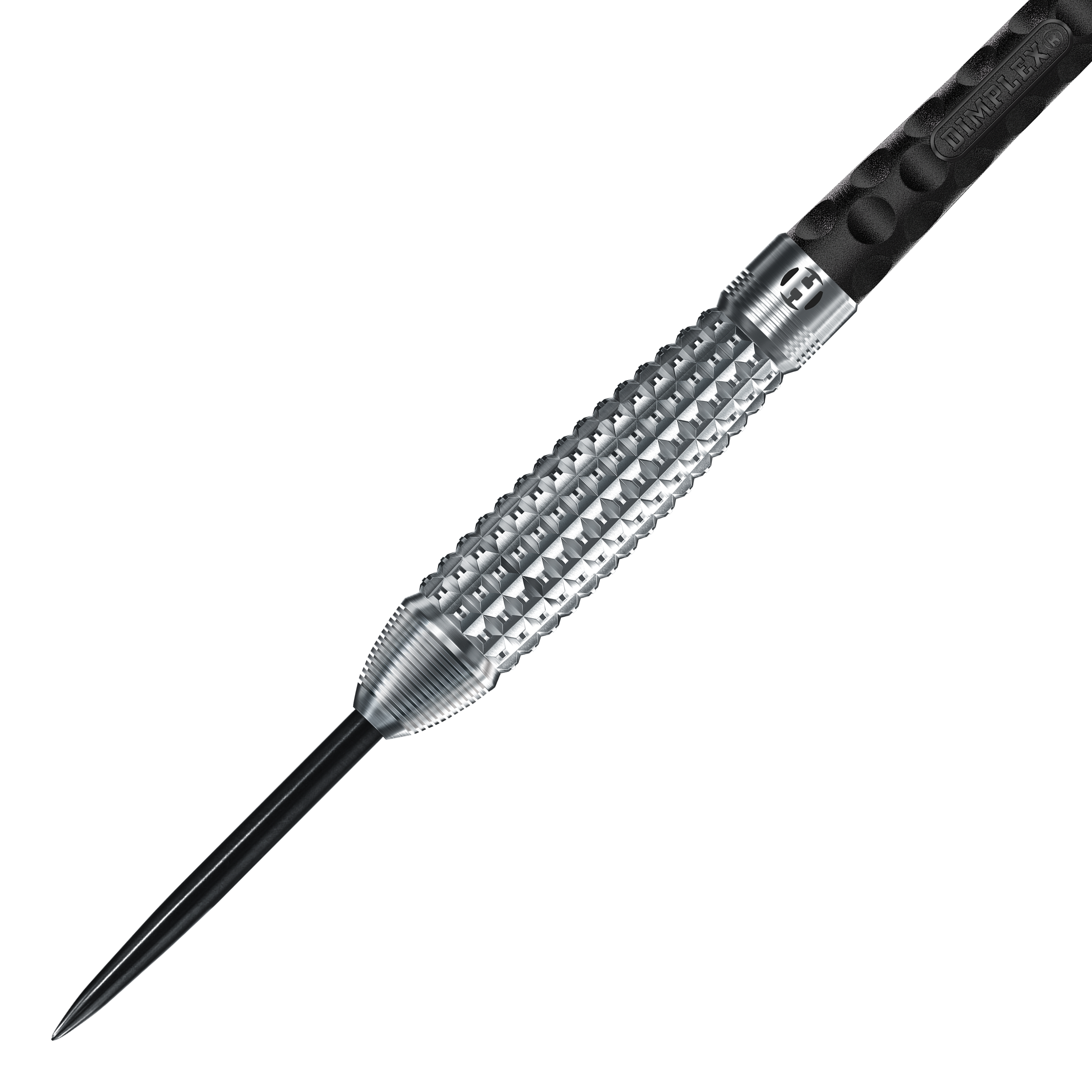 Das Bild zeigt einen Harrows Dimplex S3 Bomb Steeldart. Der Dartpfeil hat eine silberne, strukturierte Griffzone und eine spitze Stahlspitze.