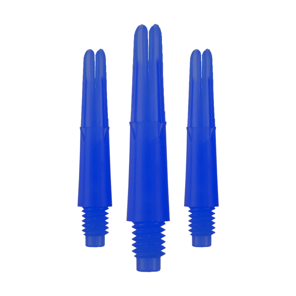 Auf dem Bild sind drei blaue, gerade Dartschäfte zu sehen. Sie haben ein Gewinde am unteren Ende und sind ohne Kappen abgebildet.