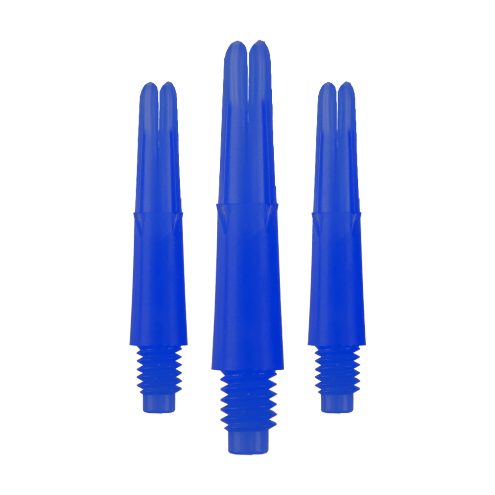 L-Style L-Shafts Locked Straight - Blue 130 Auf dem Bild sind drei blaue, gerade Dartschäfte zu sehen. Sie haben ein Gewinde am unteren Ende und sind ohne Kappen abgebildet.