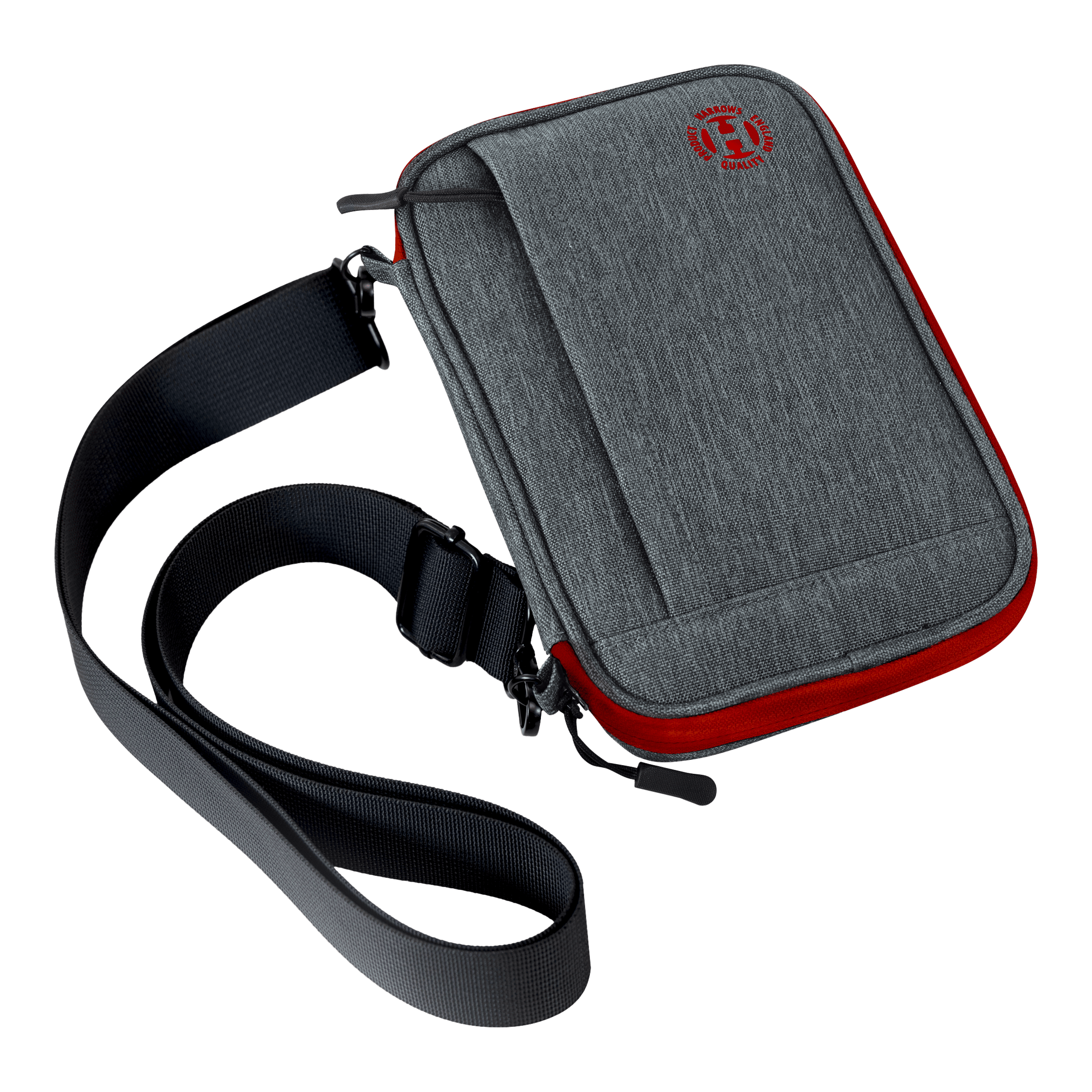 Harrows Smart Case XL Dartwallet Das Bild zeigt eine graue Darttasche mit roten Akzenten und einem schwarzen Schultergurt. Auf der Vorderseite ist ein rundes rotes Logo sichtbar.