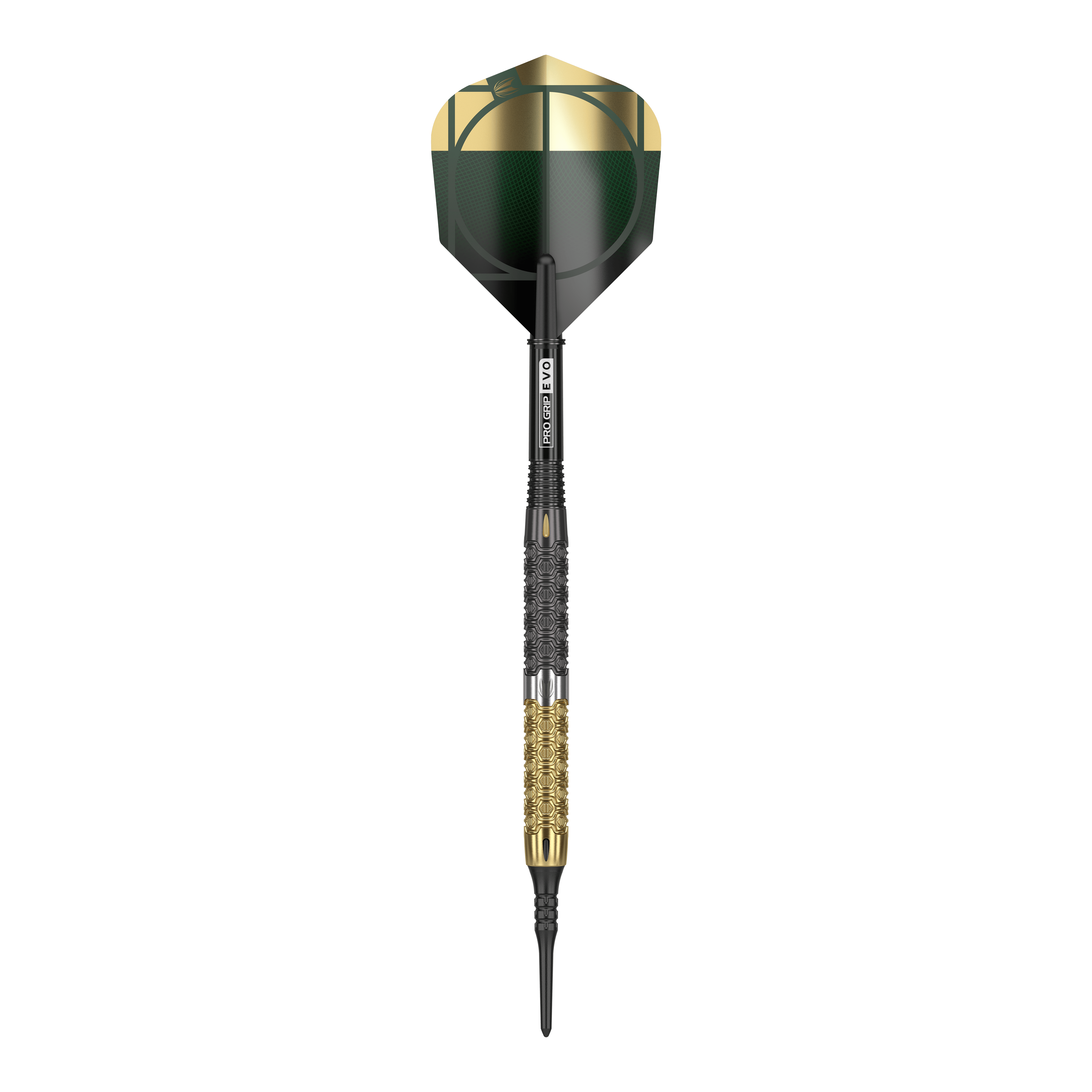 Das Bild zeigt einen Softdart namens "Target Cult Envy 10". Der Dart hat ein schwarzes und goldenes Design mit detaillierten Gravuren am Barrel.