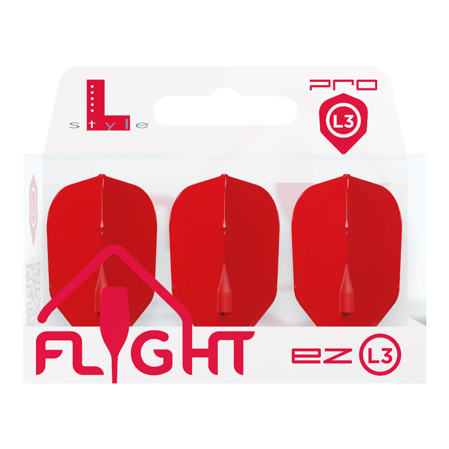 Die Abbildung zeigt eine Packung mit drei roten Dart-Flights der Marke L-Style. Auf der Verpackung steht „FLIGHT ez L3“ und das Produkt ist für den Profibereich gekennzeichnet.