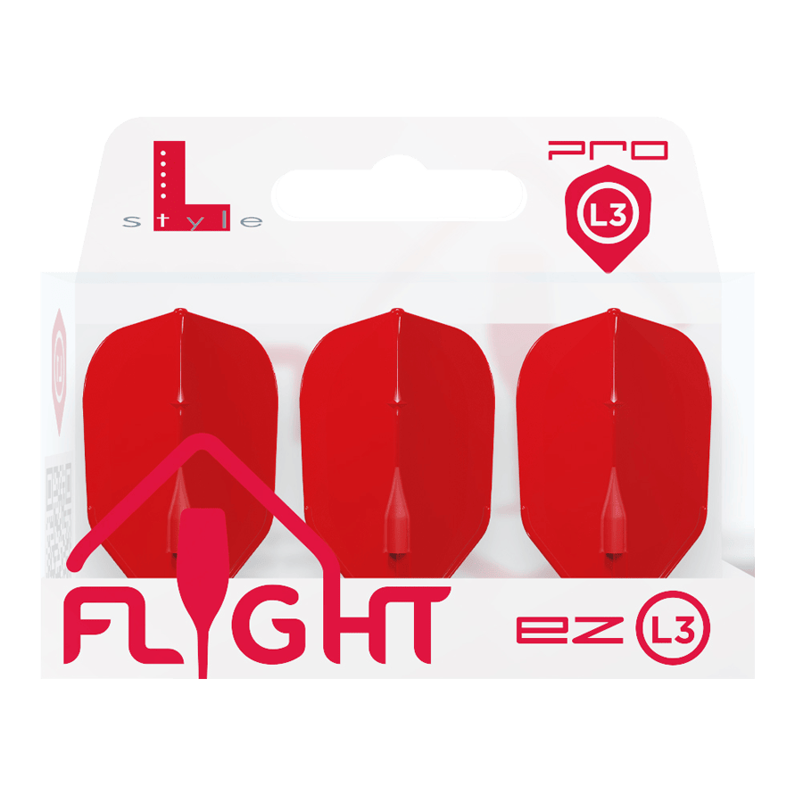 L-Style L3EZ Flights Die Abbildung zeigt eine Packung mit drei roten Dart-Flights der Marke L-Style. Auf der Verpackung steht „FLIGHT ez L3“ und das Produkt ist für den Profibereich gekennzeichnet.