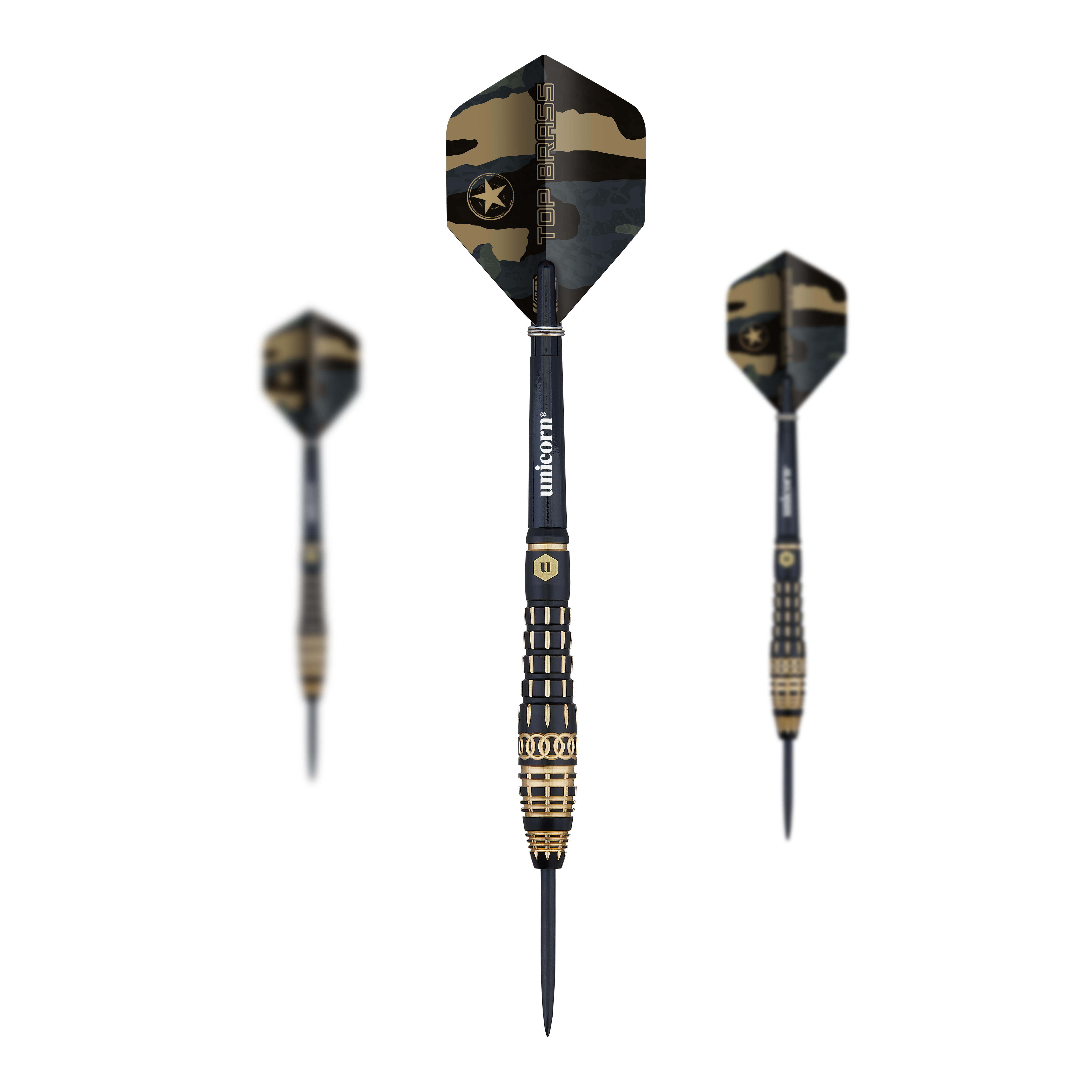 Das Bild zeigt den Dartpfeil „Unicorn Top Brass V4 Steeldarts - 20g“. Der Pfeil hat eine schwarze und goldene Farbe sowie ein Tarnmuster auf dem Flight.