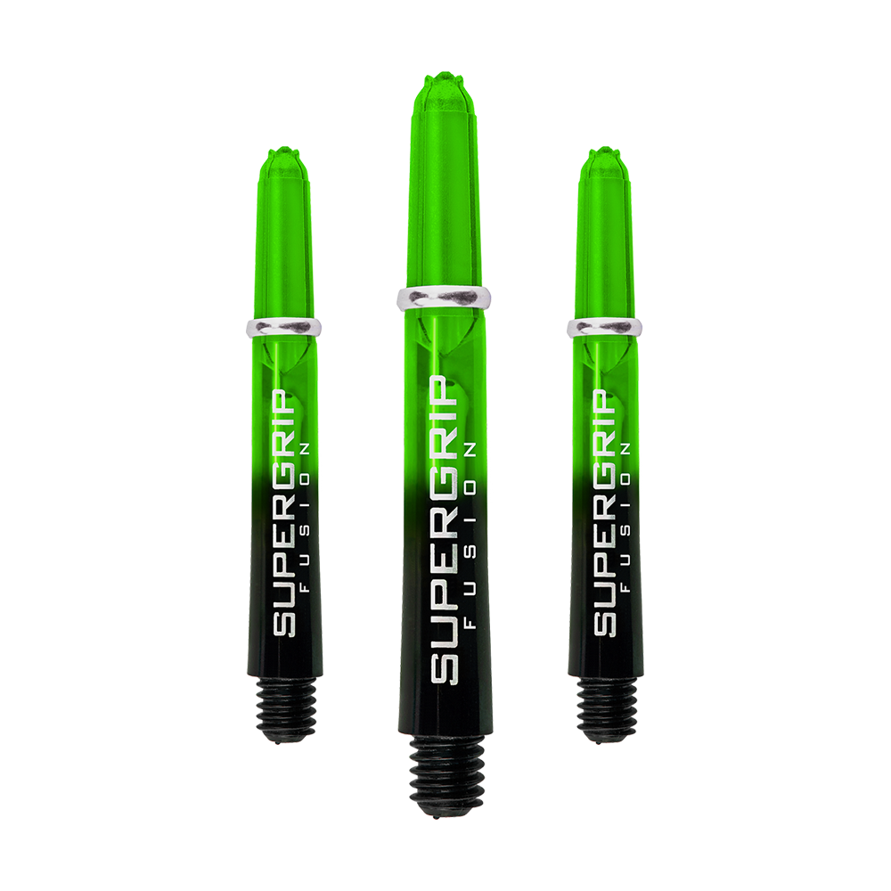 Das Bild zeigt drei grüne Harrows Supergrip Fusion Shafts für Dartpfeile. Die Shafts haben ein modernes Design mit schwarzem unteren Teil und grüner transparenter Spitze.