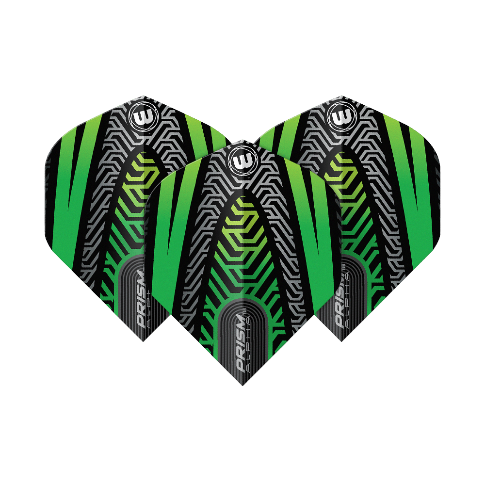 Winmau Prism Alpha Schwarz Grün No2 Standard Flights Das Bild zeigt drei Dartflights des Modells "Winmau Prism Alpha Schwarz Grün No2 Standard". Die Flights haben ein auffälliges, modernes Design in Schwarz, Grün und silbernen Linienmustern.