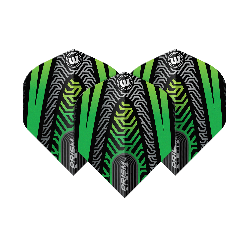 Winmau Prism Alpha Schwarz Grün No2 Standard Flights Winmau Prism Alpha Schwarz No2 Standard Flights sind als Set abgebildet. Das Muster ist auffällig und modern.