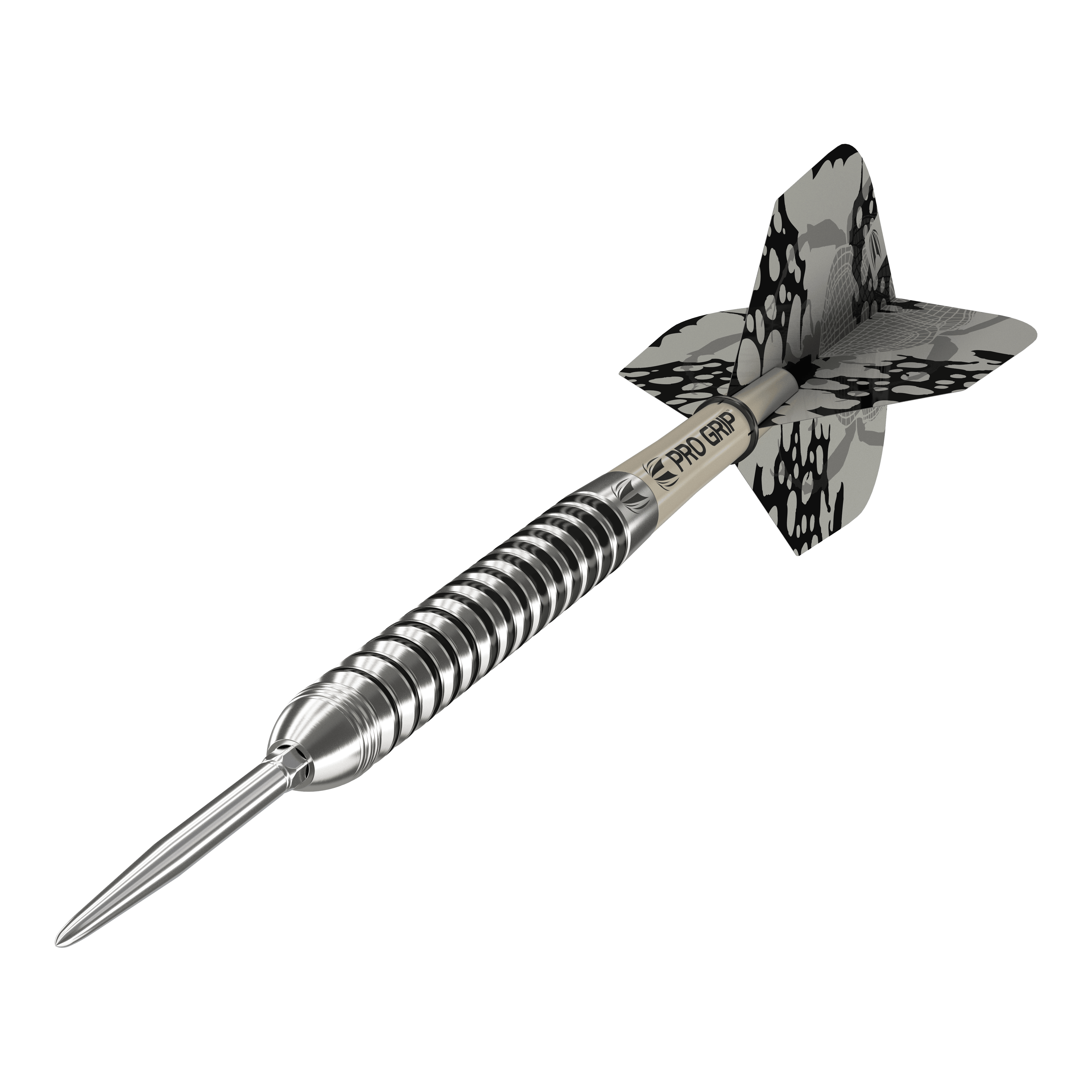 Target EXO SP01 Swiss Point Steeldarts Dies ist ein Target EXO SP01 Swiss Point Steeldart. Der Dartpfeil hat ein silbernes, gerilltes Barrel und schwarze Flights mit Muster.