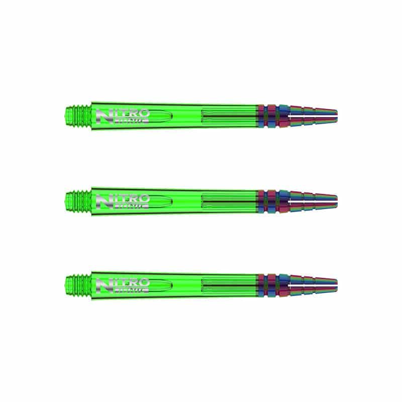 Das Bild zeigt drei grüne RedDragon Nitrotech Ionic Shafts, die nebeneinander liegen. Sie sind lang und haben am Ende eine mehrfarbige Spitze.