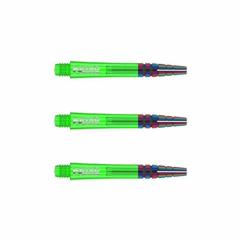 Das Bild zeigt drei grüne RedDragon Nitrotech Ionic Shafts. Die Schäfte sind länglich, haben ein glänzendes Aussehen und sind für Dartpfeile geeignet.