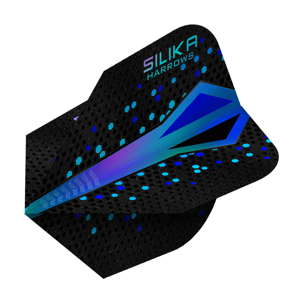 Harrows Silika Colourshift Tough Crystalline Coating Blue No6 Flights Das Bild zeigt ein Dartflight mit dem Namen "Harrows Silika Colourshift Tough Crystalline Coating Blue No6". Das Flight ist überwiegend schwarz mit einem blauen, schimmernden Muster und sechseckigen Akzenten.