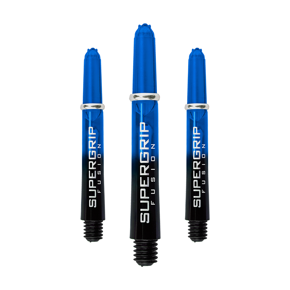 Das Bild zeigt drei blaue Harrows Supergrip Fusion Shafts. Die Schrift "SUPERGRIP FUSION" ist deutlich auf den Schäften zu sehen.