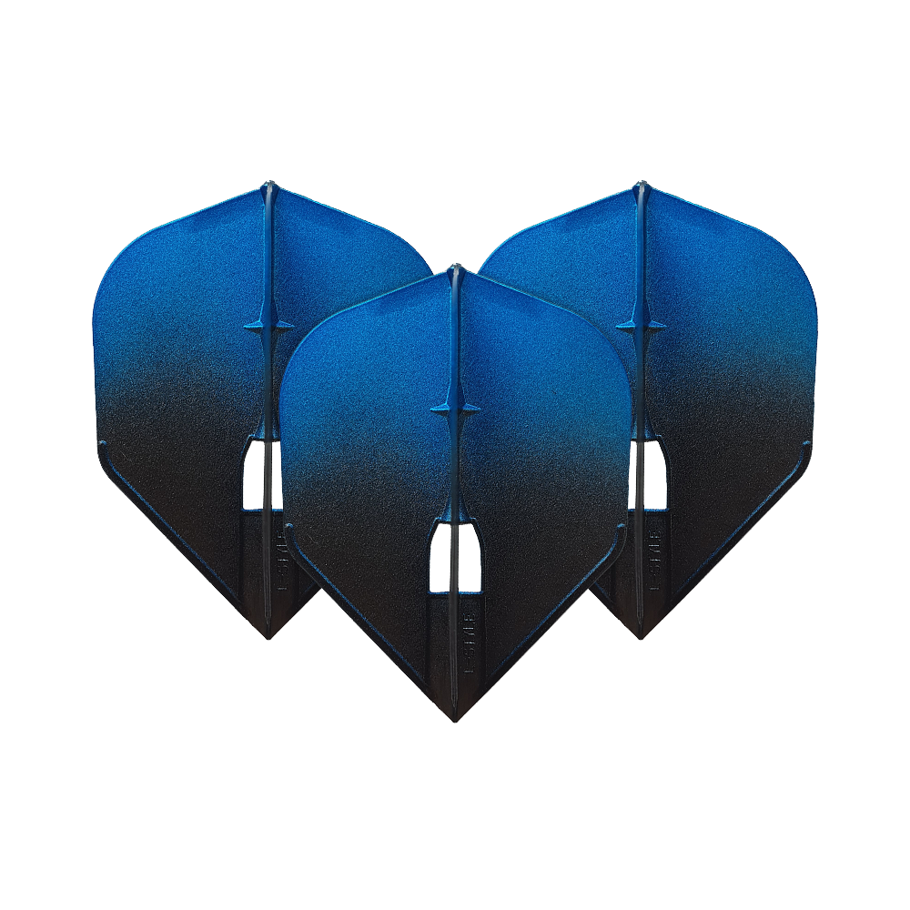 Auf dem Bild sind drei blaue Dartflights zu sehen. Sie haben ein zweifarbiges Design mit einem Verlauf von Blau zu Schwarz.