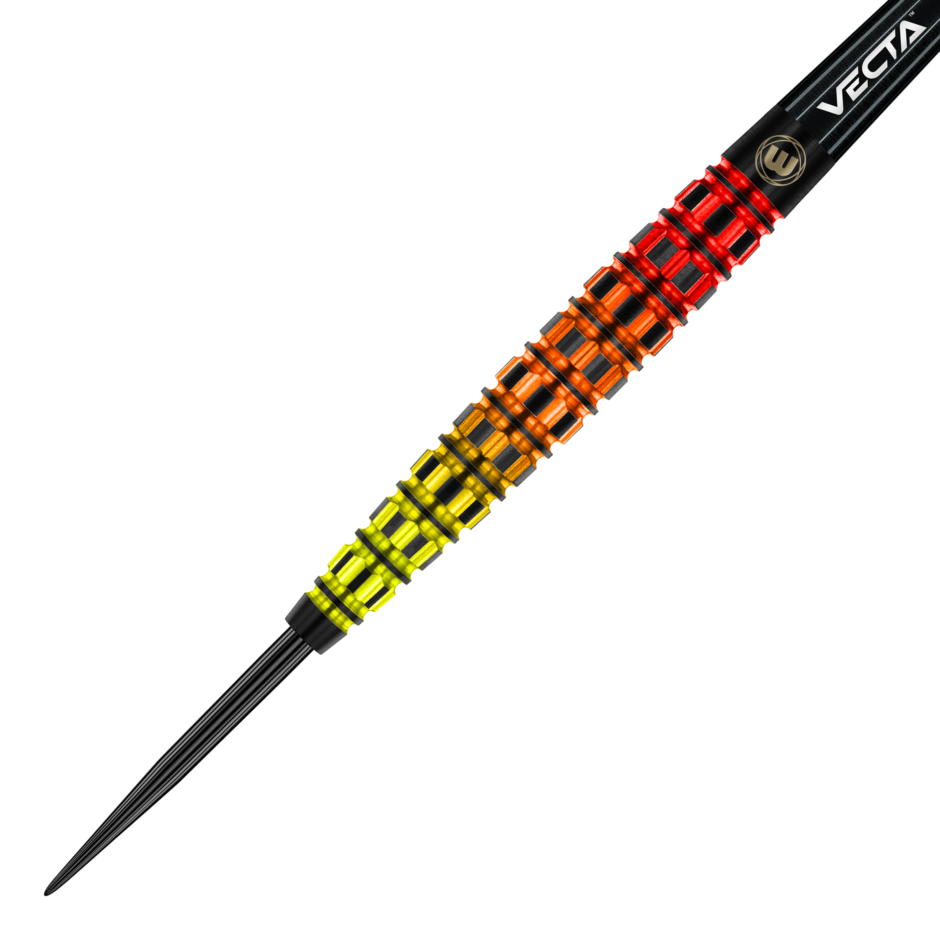 Das Bild zeigt einen Winmau Firestorm Flame Tapered Steeldart. Der Dart hat ein auffälliges Design mit leuchtenden Farben von Gelb über Orange bis Rot.